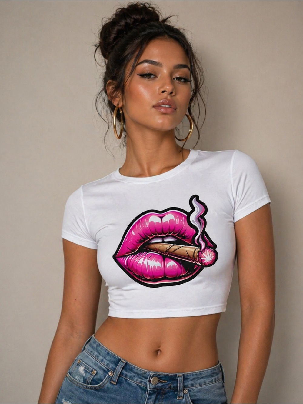 White Crop Tee with Pink Graphic Lip Print - Women